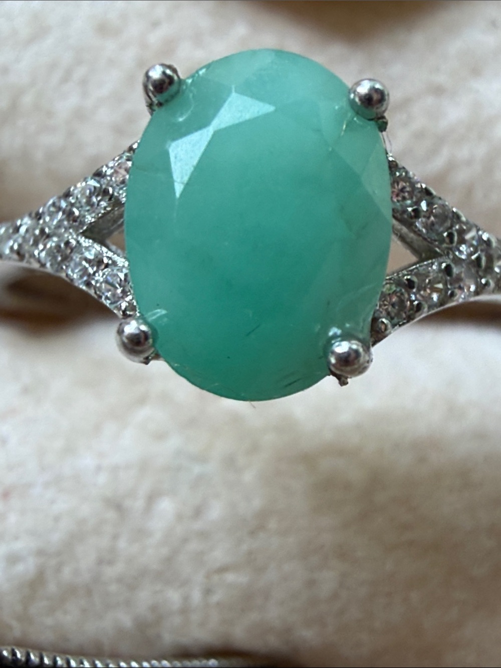 New Natural Emerald with White Topaz 925 & 14Kt White Gold Ring Sz7.5